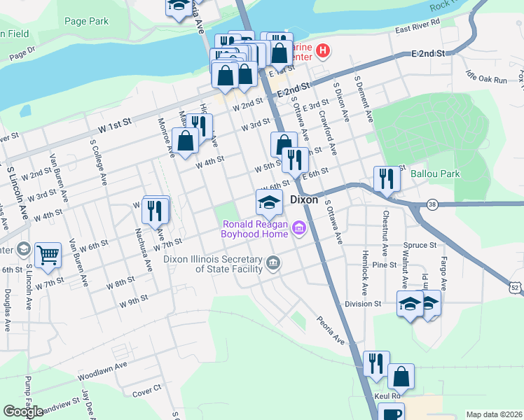 map of restaurants, bars, coffee shops, grocery stores, and more near 610 Peoria Avenue in Dixon
