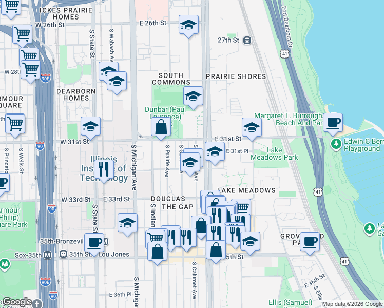 map of restaurants, bars, coffee shops, grocery stores, and more near 3100 South King Drive in Chicago