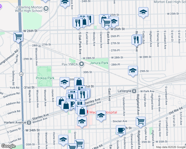 map of restaurants, bars, coffee shops, grocery stores, and more near 3002 Wesley Avenue in Berwyn