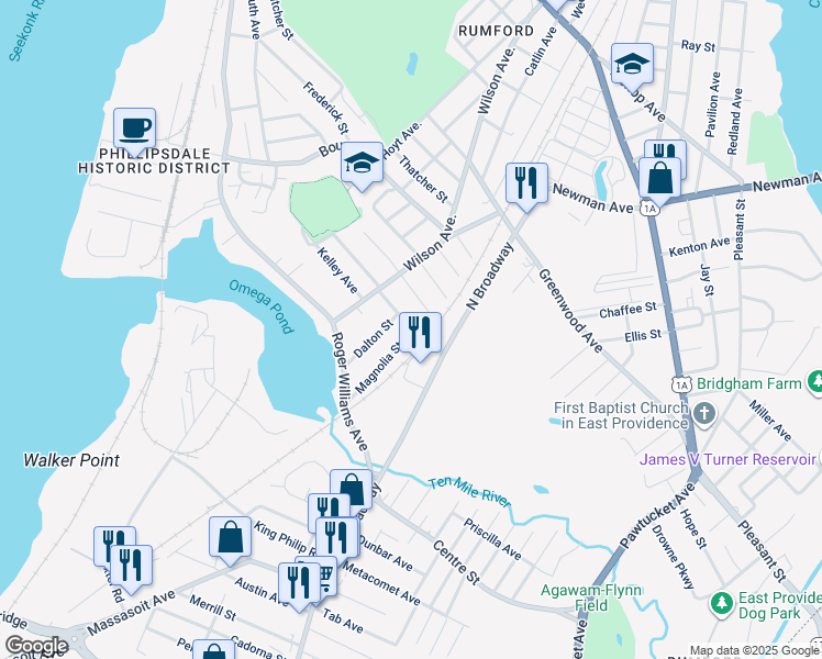 map of restaurants, bars, coffee shops, grocery stores, and more near 61 Magnolia Street in East Providence