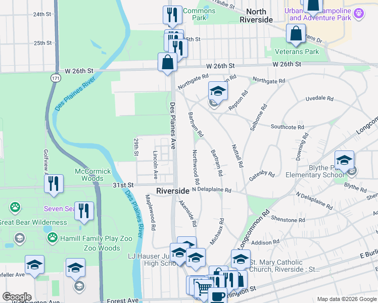 map of restaurants, bars, coffee shops, grocery stores, and more near 329 Des Plaines Avenue in Riverside