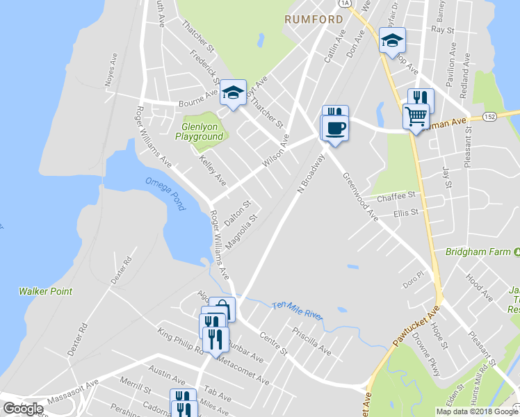 map of restaurants, bars, coffee shops, grocery stores, and more near 65 Magnolia Street in East Providence