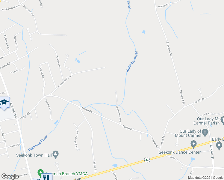map of restaurants, bars, coffee shops, grocery stores, and more near 285 Greenwood Avenue in Seekonk