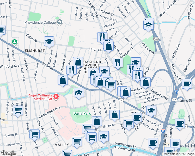 map of restaurants, bars, coffee shops, grocery stores, and more near 104 Ruggles Street in Providence