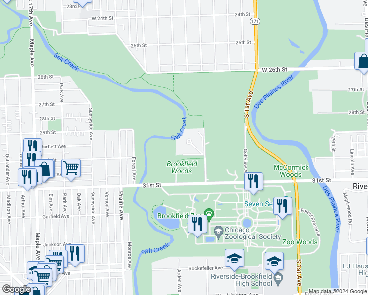 map of restaurants, bars, coffee shops, grocery stores, and more near 8700 West 31st Street in Brookfield