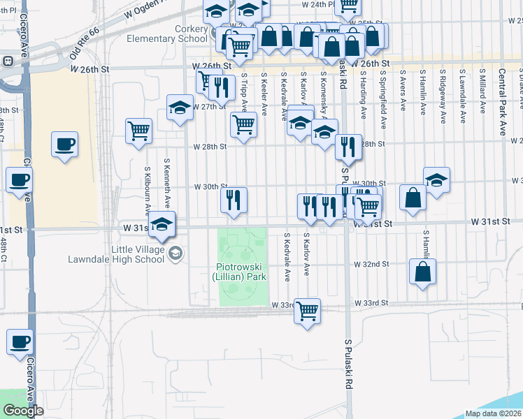 map of restaurants, bars, coffee shops, grocery stores, and more near 3023 South Keeler Avenue in Chicago