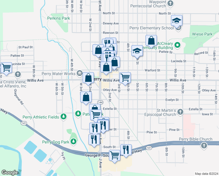 map of restaurants, bars, coffee shops, grocery stores, and more near 1011 2nd Street in Perry