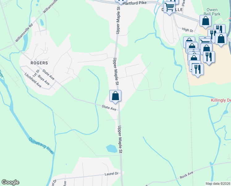 map of restaurants, bars, coffee shops, grocery stores, and more near 950 Upper Maple Street in Killingly