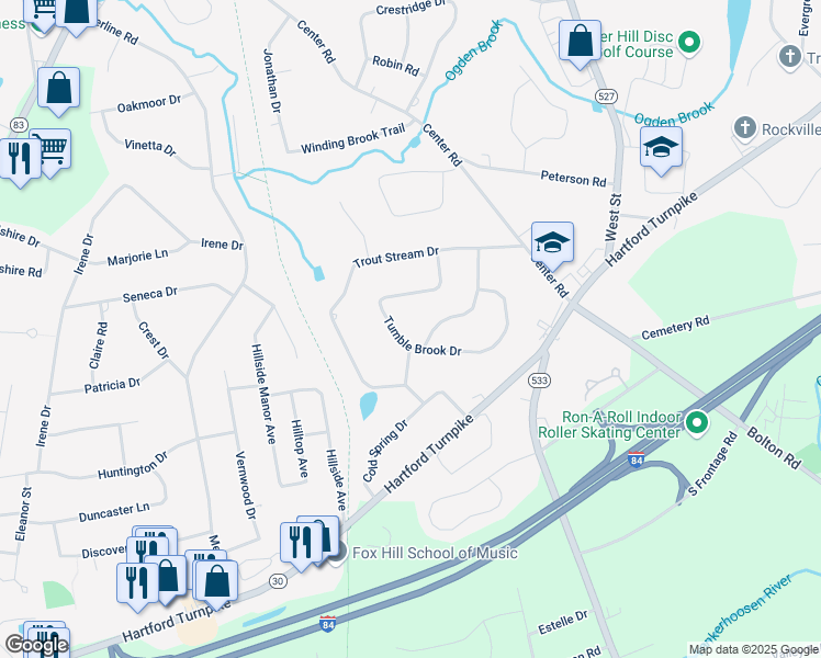 map of restaurants, bars, coffee shops, grocery stores, and more near 50 Tumble Brook Drive in Vernon