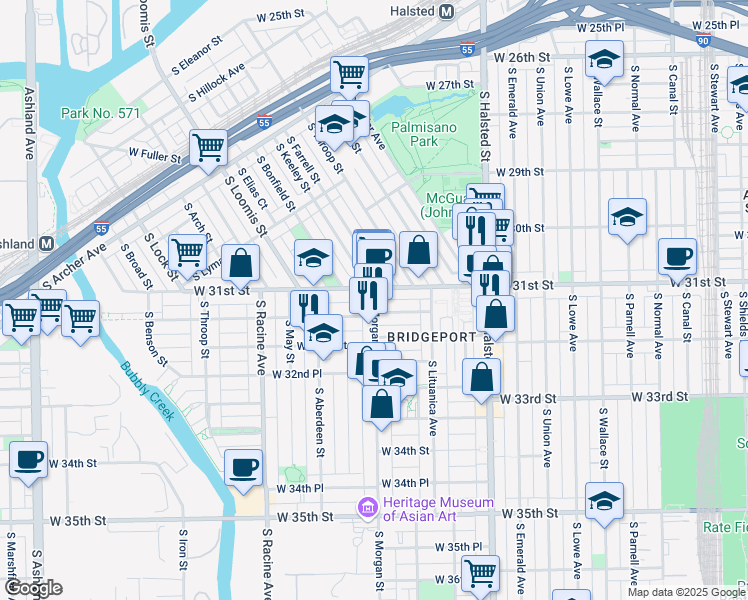 map of restaurants, bars, coffee shops, grocery stores, and more near 960 West 31st Street in Chicago