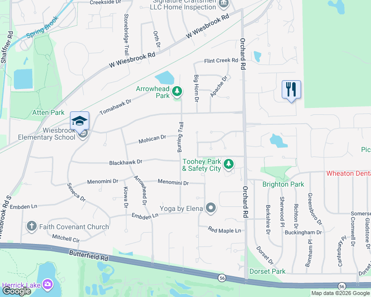 map of restaurants, bars, coffee shops, grocery stores, and more near 310 Oakwood Court in Wheaton