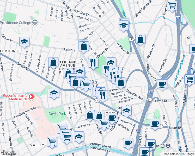 map of restaurants, bars, coffee shops, grocery stores, and more near 244 Rhode Island 7 in Providence