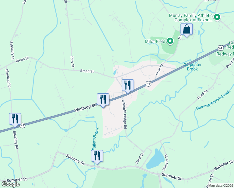 map of restaurants, bars, coffee shops, grocery stores, and more near 492 Winthrop Street in Rehoboth