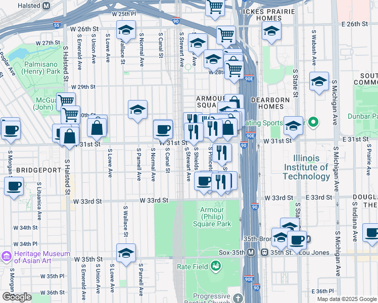 map of restaurants, bars, coffee shops, grocery stores, and more near 2 South Stewart Avenue in Chicago