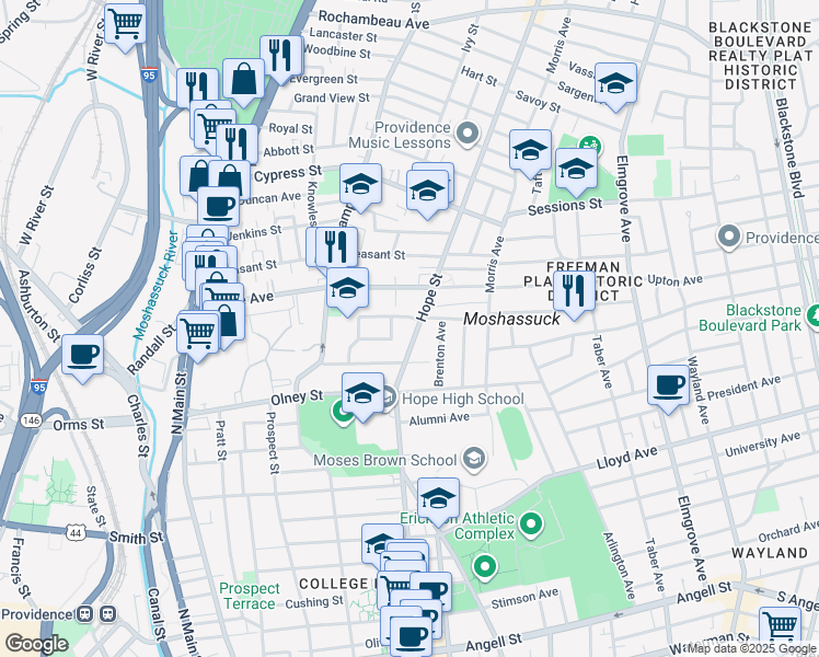 map of restaurants, bars, coffee shops, grocery stores, and more near 216 Howell Street in Providence