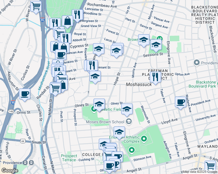 map of restaurants, bars, coffee shops, grocery stores, and more near 216 Howell Street in Providence