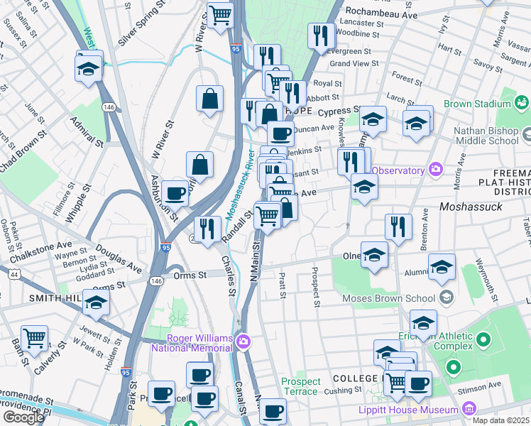 map of restaurants, bars, coffee shops, grocery stores, and more near 649 North Main Street in Providence