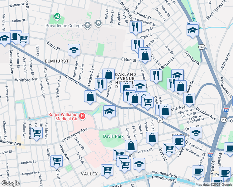 map of restaurants, bars, coffee shops, grocery stores, and more near 120 Oakland Avenue in Providence