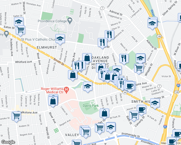map of restaurants, bars, coffee shops, grocery stores, and more near 41 Radcliffe Avenue in Providence