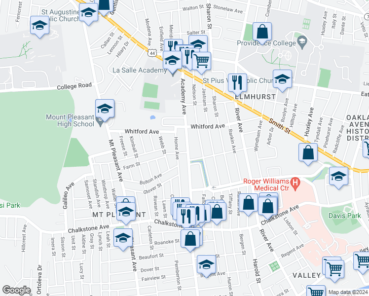 map of restaurants, bars, coffee shops, grocery stores, and more near 480 Academy Avenue in Providence