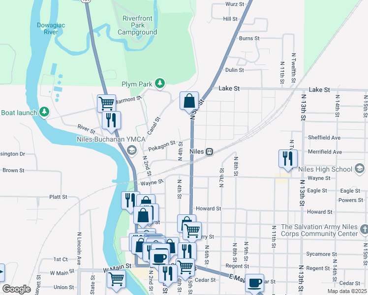 map of restaurants, bars, coffee shops, grocery stores, and more near 401 Pokagon Street in Niles
