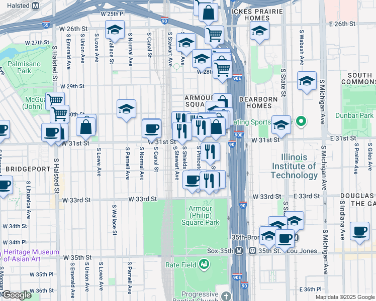 map of restaurants, bars, coffee shops, grocery stores, and more near 311 West 31st Street in Chicago