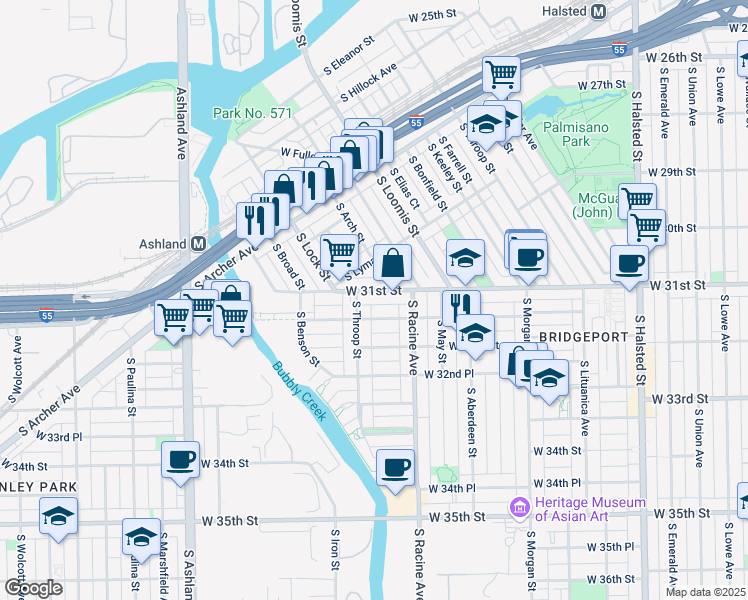 map of restaurants, bars, coffee shops, grocery stores, and more near 1222 West 31st Street in Chicago