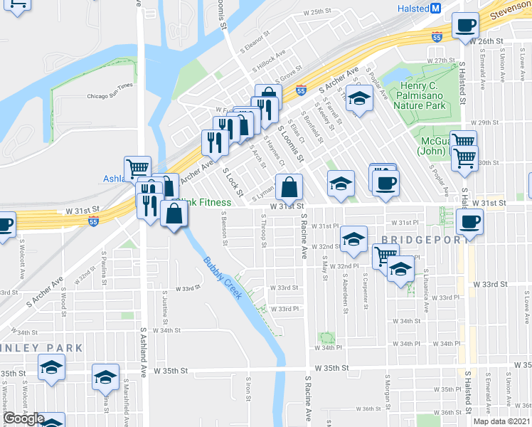 map of restaurants, bars, coffee shops, grocery stores, and more near 1260 West 31st Street in Chicago