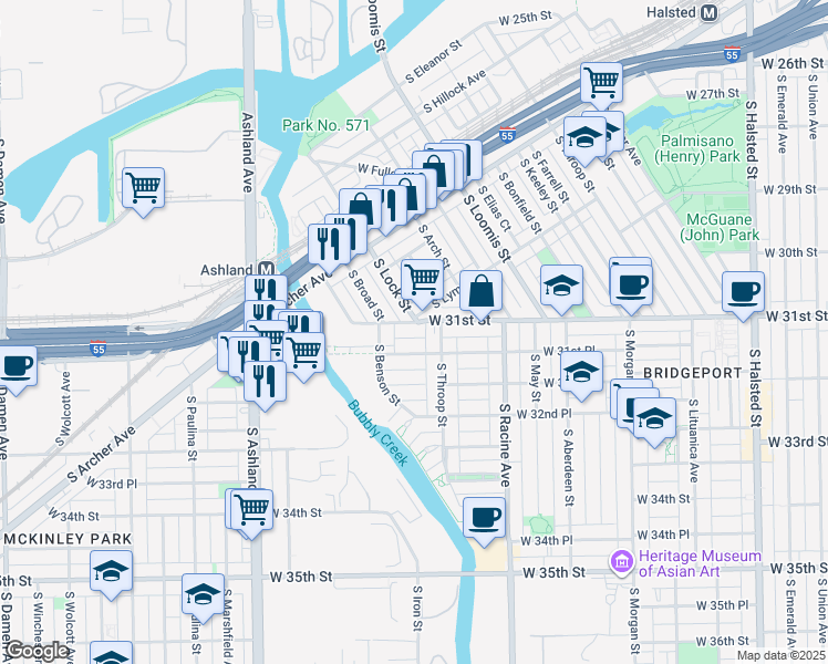 map of restaurants, bars, coffee shops, grocery stores, and more near 3084 South Lock Street in Chicago