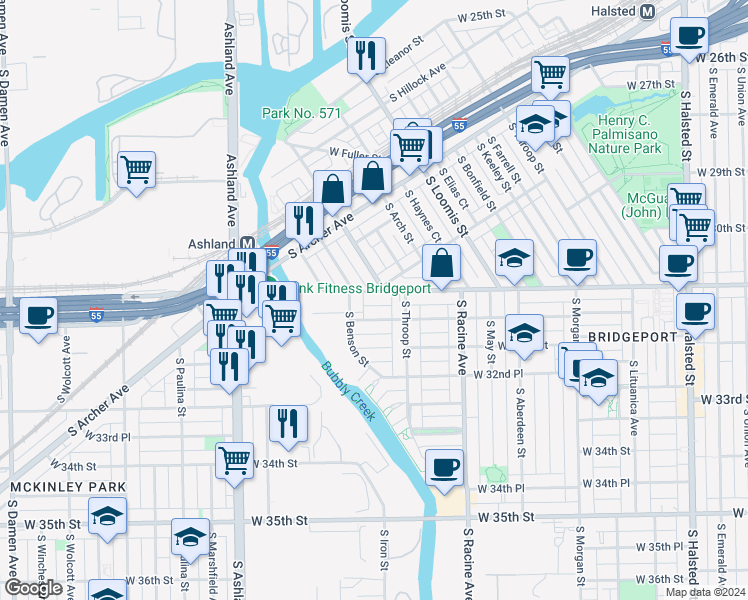 map of restaurants, bars, coffee shops, grocery stores, and more near 3084 South Lock Street in Chicago