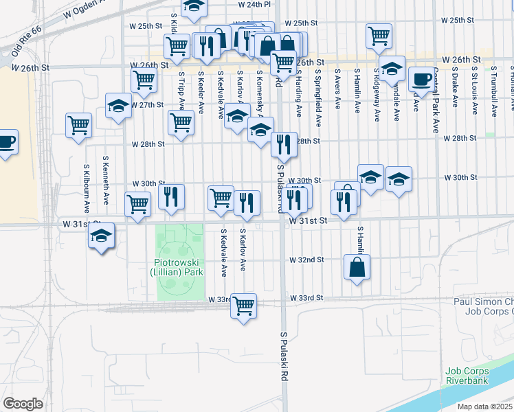 map of restaurants, bars, coffee shops, grocery stores, and more near 3022 South Komensky Avenue in Chicago
