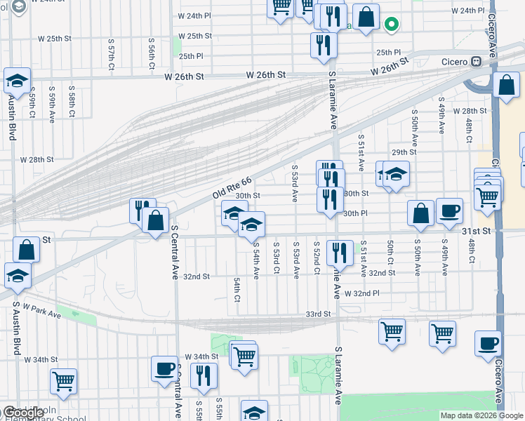 map of restaurants, bars, coffee shops, grocery stores, and more near 5321 West 30th Street in Cicero