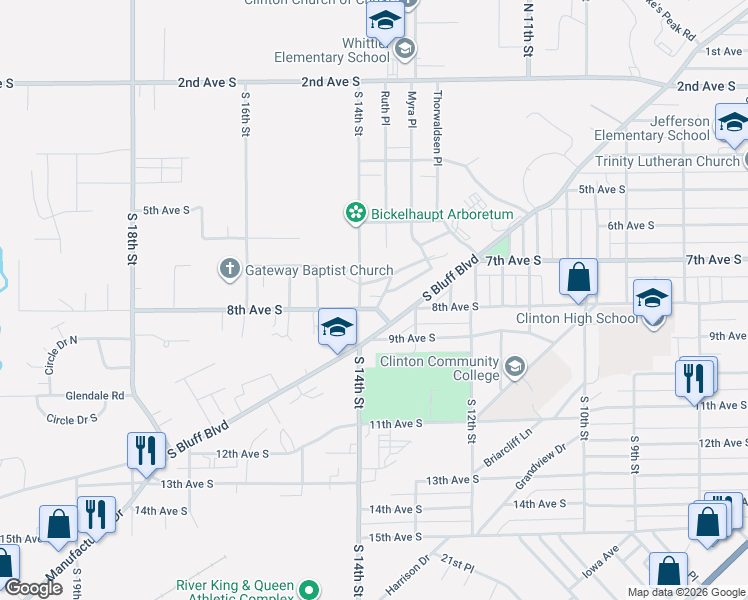 map of restaurants, bars, coffee shops, grocery stores, and more near 716 Terrace Drive in Clinton