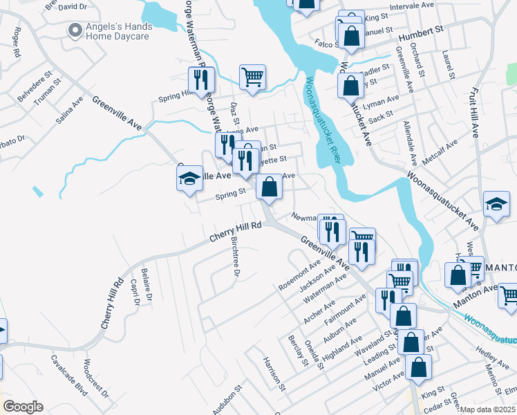 map of restaurants, bars, coffee shops, grocery stores, and more near 1 Cherry Hill Road in Johnston