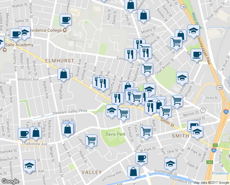 map of restaurants, bars, coffee shops, grocery stores, and more near 36 Pembroke Avenue in Providence