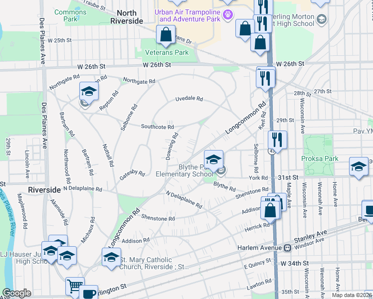 map of restaurants, bars, coffee shops, grocery stores, and more near 386 Audubon Road in Riverside