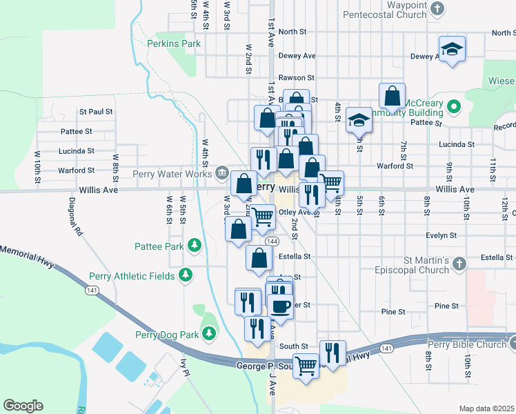 map of restaurants, bars, coffee shops, grocery stores, and more near 1012 Otley Avenue in Perry