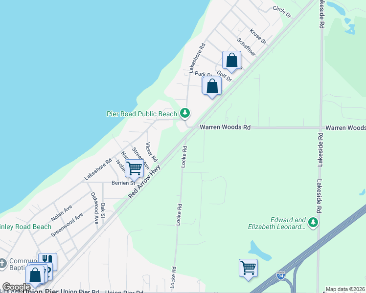 map of restaurants, bars, coffee shops, grocery stores, and more near 15560 Red Arrow Highway in Union Pier