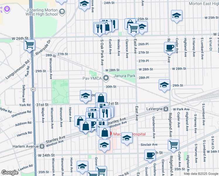 map of restaurants, bars, coffee shops, grocery stores, and more near 3002 Euclid Avenue in Berwyn