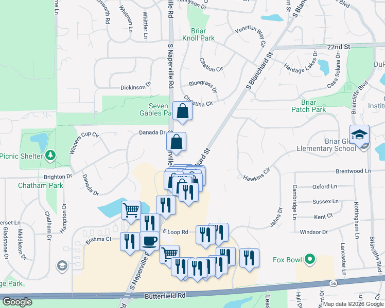 map of restaurants, bars, coffee shops, grocery stores, and more near 1766 South Blanchard Street in Wheaton