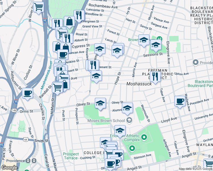 map of restaurants, bars, coffee shops, grocery stores, and more near 216 Howell Street in Providence