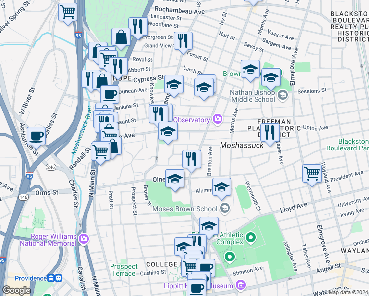 map of restaurants, bars, coffee shops, grocery stores, and more near 216 Howell Street in Providence