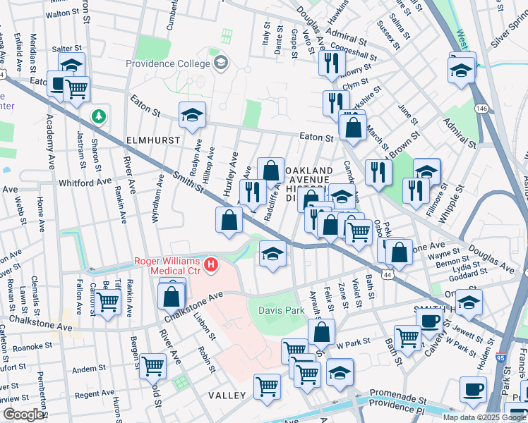map of restaurants, bars, coffee shops, grocery stores, and more near 41 Radcliffe Avenue in Providence