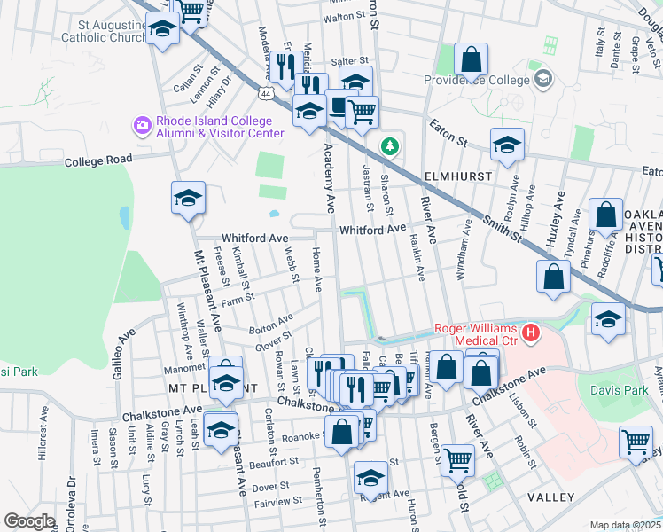 map of restaurants, bars, coffee shops, grocery stores, and more near 480 Academy Avenue in Providence