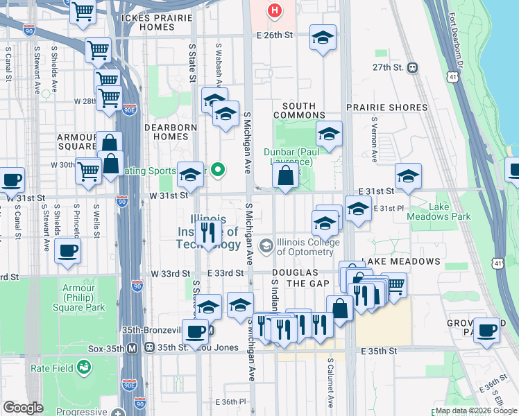 map of restaurants, bars, coffee shops, grocery stores, and more near 3112 South Indiana Avenue in Chicago