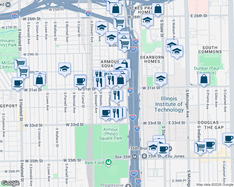 map of restaurants, bars, coffee shops, grocery stores, and more near 3102 South Wells Street in Chicago