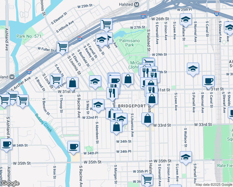 map of restaurants, bars, coffee shops, grocery stores, and more near 960 West 31st Street in Chicago