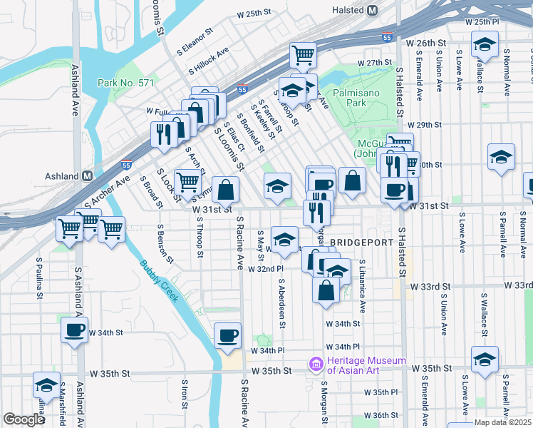 map of restaurants, bars, coffee shops, grocery stores, and more near 1103 West 31st Street in Chicago