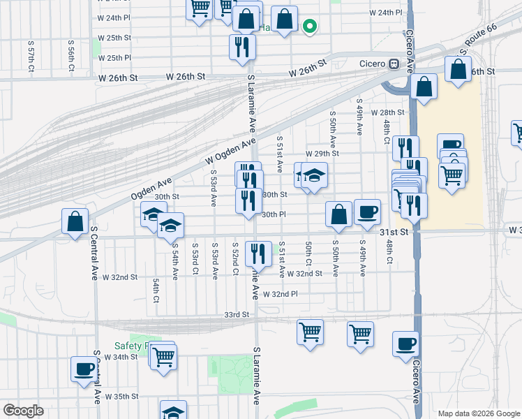 map of restaurants, bars, coffee shops, grocery stores, and more near 5117 West 30th Street in Cicero