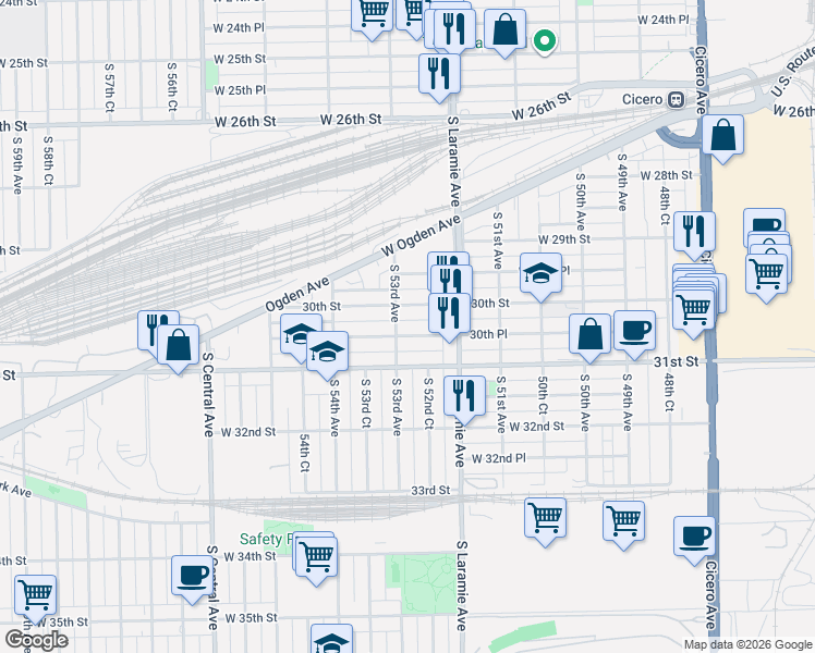map of restaurants, bars, coffee shops, grocery stores, and more near 5241 West 30th Street in Cicero